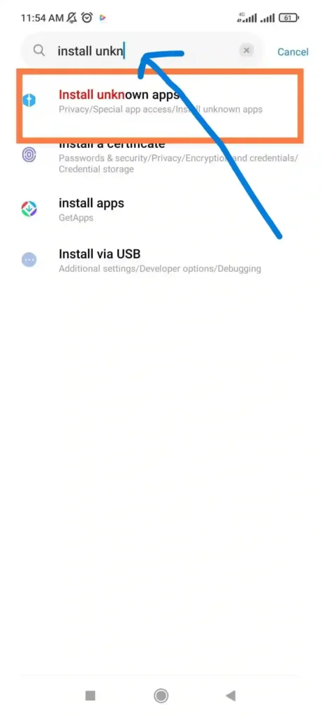 Busca por instalar apps desconhecidos no campo de pesquisa das configuracoes