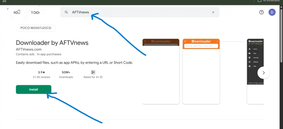 Tela para pesquisar e instalar o Downloader da AFTV News