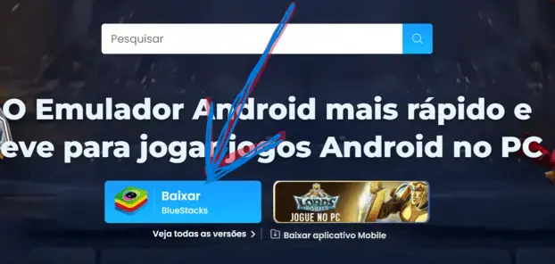 Pagina oficial do BlueStacks com botao de download do emulador