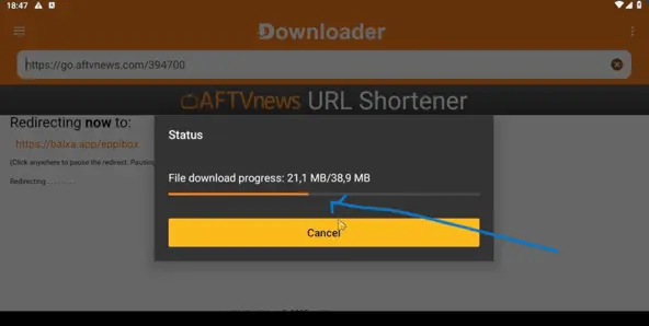 Instalacao do Eppi Cinema APK em andamento na TV Box