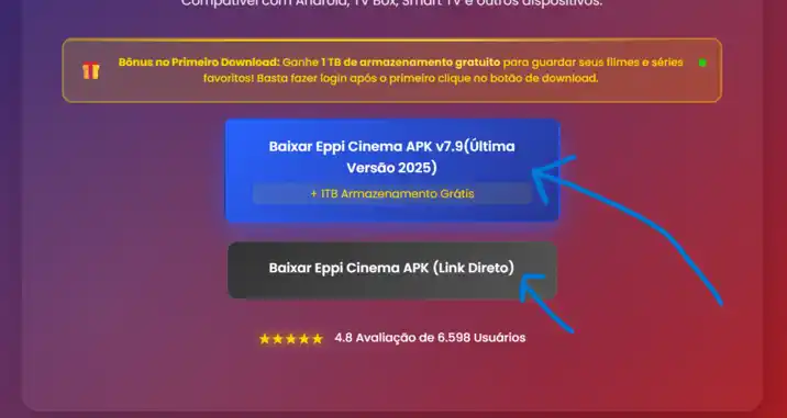 Tela com link direto para download do APK do Eppi Cinema