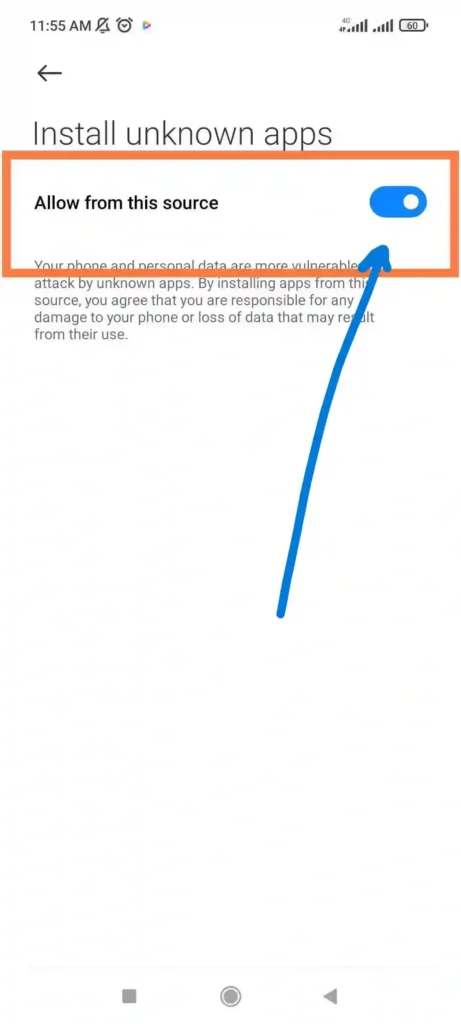 Toggle ativado para permitir instalacao de aplicativos de fontes desconhecidas