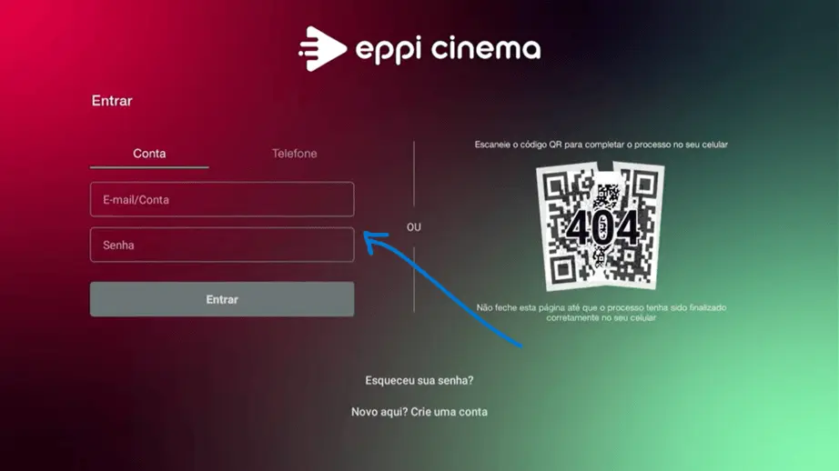 Tela de login do Eppi Cinema apos instalacao na Smart TV