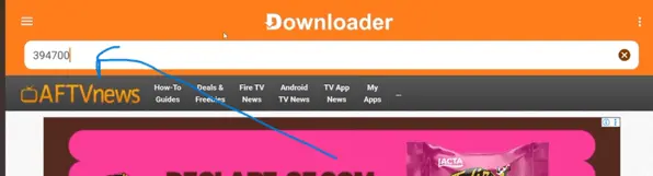 Campo do Downloader com codigo para instalacao do Eppi Cinema